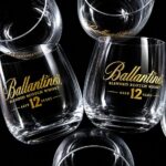 Ballantines 12 Year Whisky Engraved Gold Filled Logo Crystal Glasses