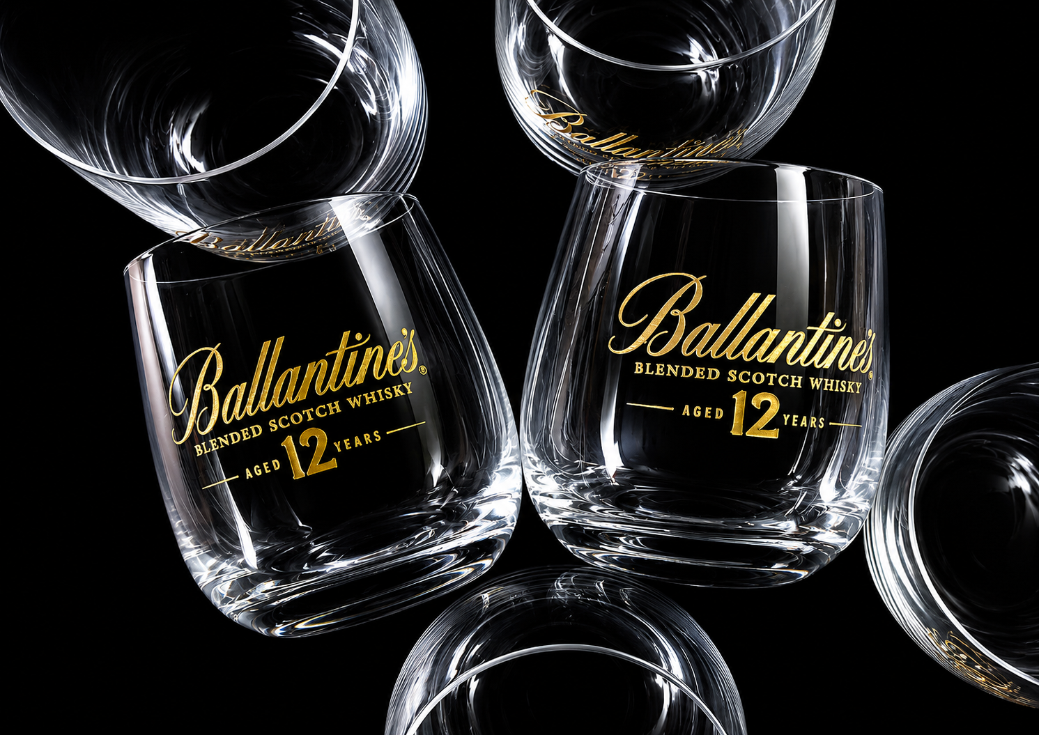Ballantines 12 Year Whisky Engraved Gold Filled Logo Crystal Glasses
