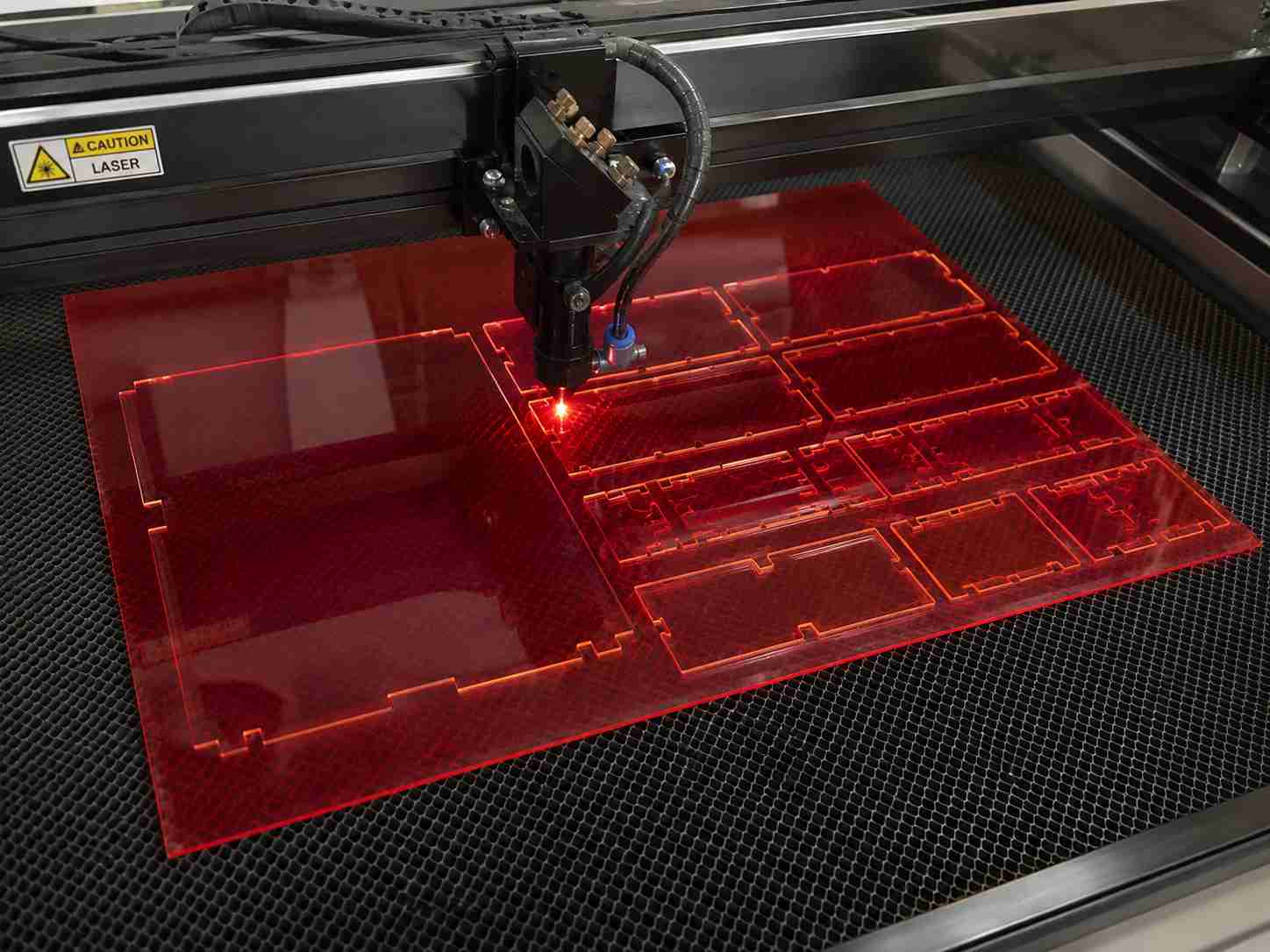 Co2 Laser Cutter Machine Cutting Red Acrylic Sheet