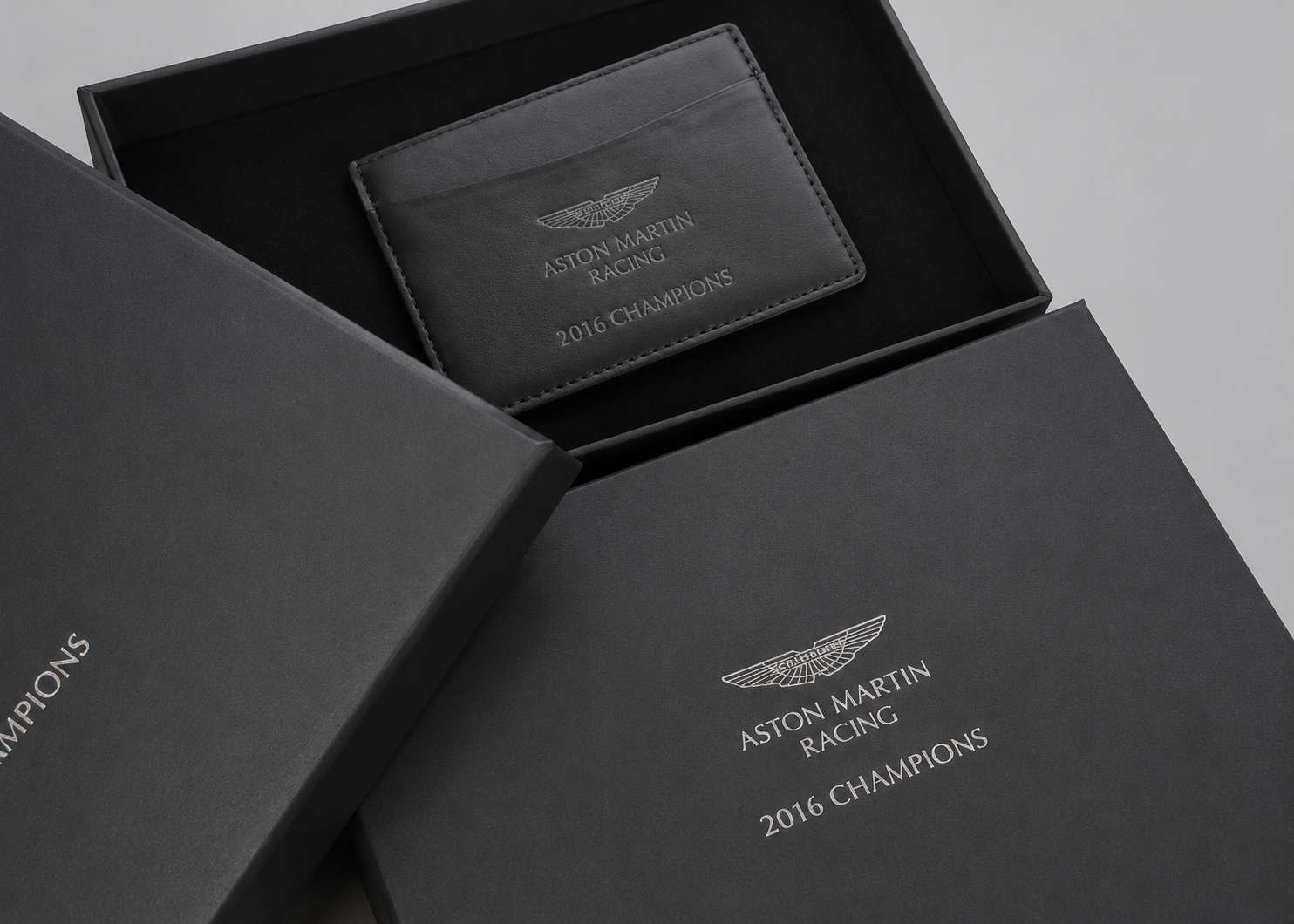 Custom Heat Embossed Leather Card Holder Hot Foil Silver Presentation Box Aston Martin Racing