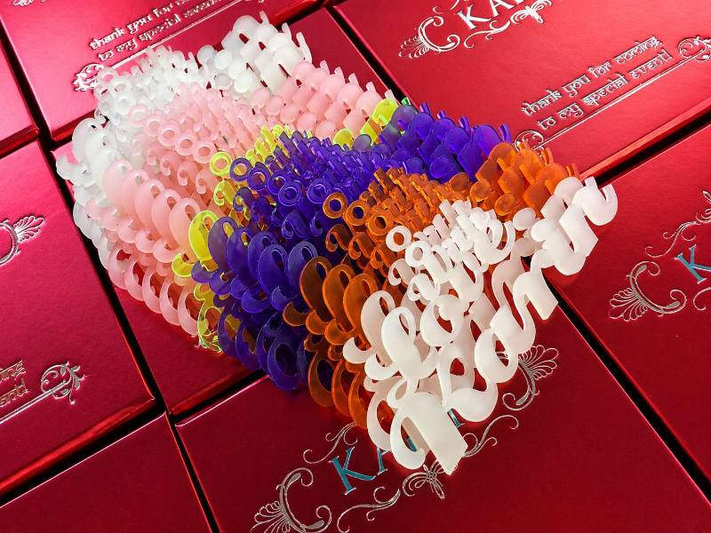 Custom Laser Cut Colored Acrylic Names For Birthday Boxes