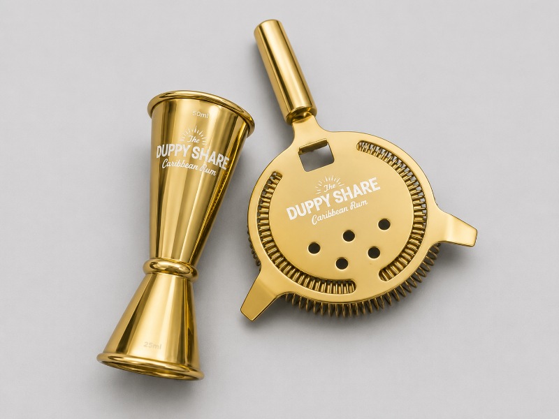 Duppy Share Gold Cocktail Jigger Hawthorne Strainer Metal Engraved Bar Tool Set