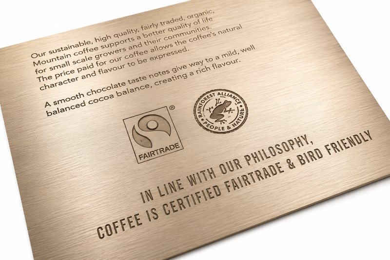 Fairtrade Rainforest Alliance Metal Engraved Brass Coffee Information Plaque