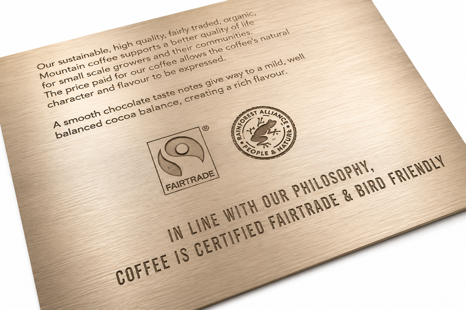 Fairtrade Rainforest Alliance Metal Engraved Brass Coffee Information Plaque