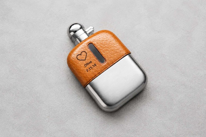 Laser Engraved Leather Silver Hip Flask Personalized Gift
