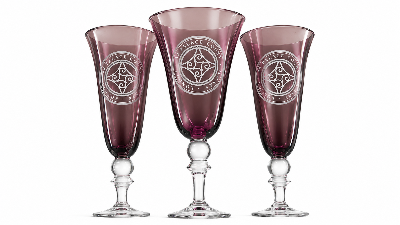 Palace Coutt Engraved Purple Champagne Flutes Personalised Crystal Glassware