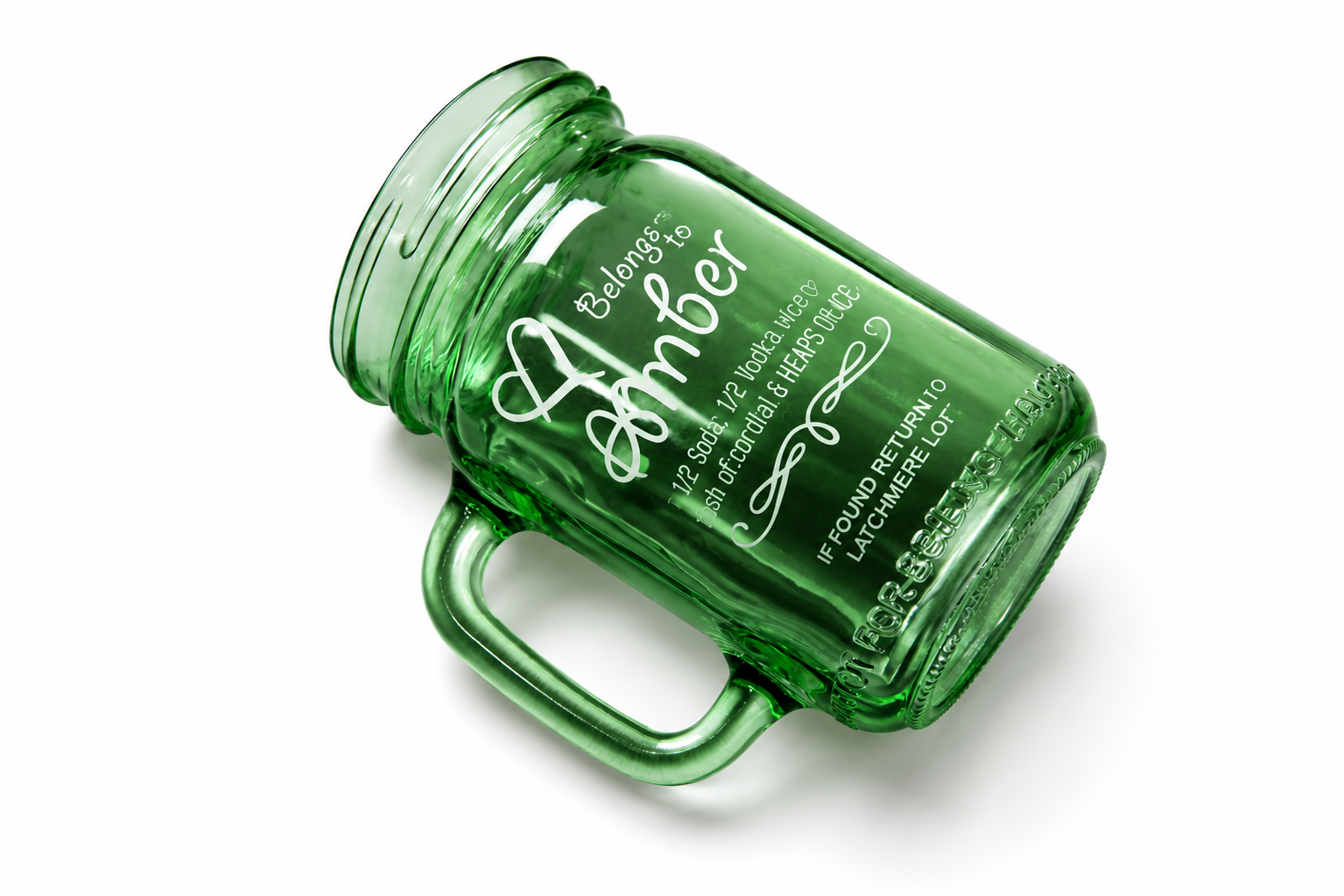 Personalised Engraved Green Glass Mason Jar Mug Custom Drinking Glass