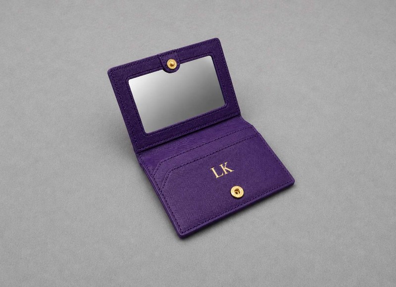 Personalized Purple Saffiano Mcm Leather Compact Mirror Cardholder