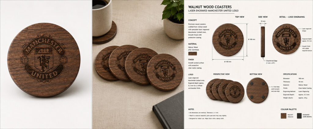 Custom American Walnut Coasters Manchester United Football Club Copy