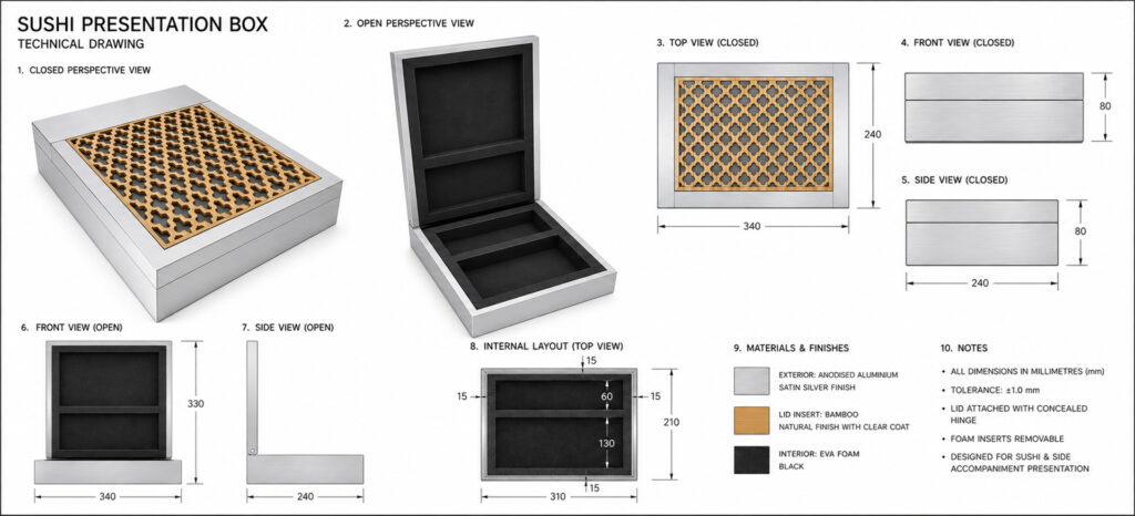 Custom Hardwood Laser Cut Sushi Presentation Box With Intricate Lattice Lid Copy