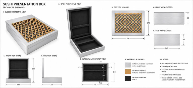 Custom Hardwood Laser Cut Sushi Presentation Box With Intricate Lattice Lid Copy