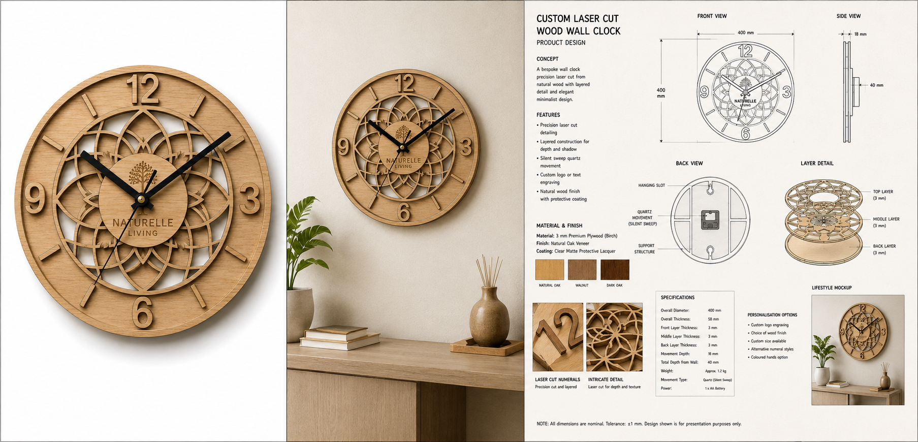 Laser Cut Beech Wood Intricate Wall Clock Design 1