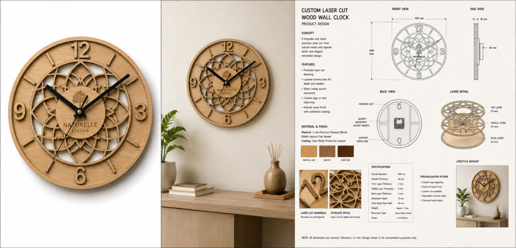 Laser Cut Beech Wood Intricate Wall Clock Design