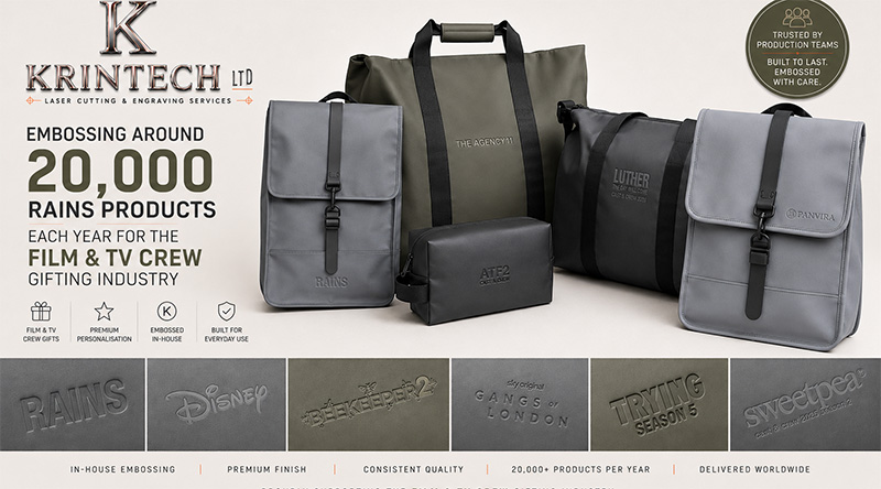Rains bags embossed by Krintech Ltd for film and TV cast and crew gifts and corporate gifting
