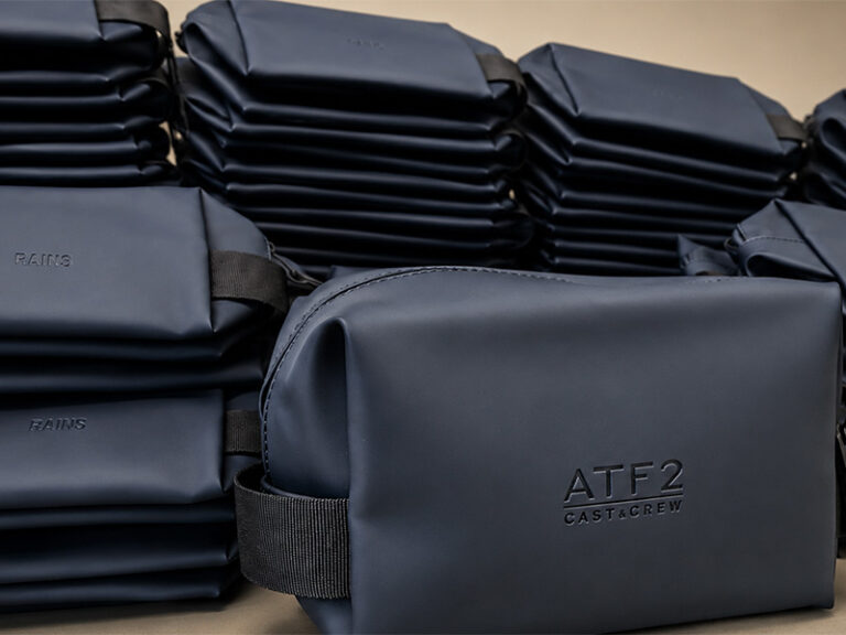 550 Rains wash bags embossed with ATF 2 Cast & Crew branding by Krintech Ltd for film and TV crew gifts